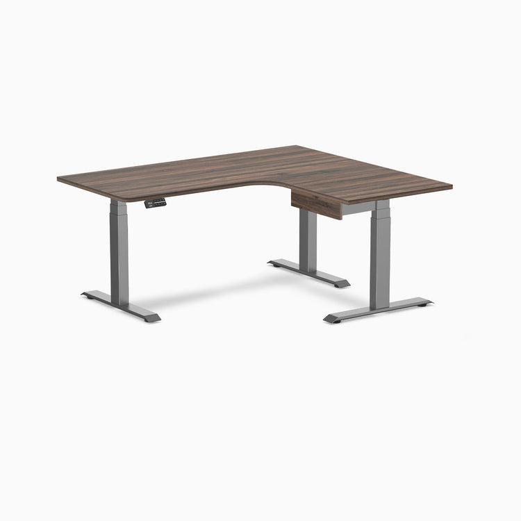 Desky L-Shape Melamine Standing Desk With Drawer, Jarrah Legno desktop, Space Grey frame