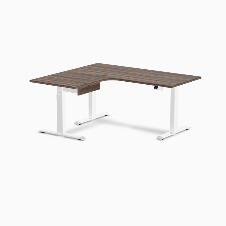Desky L-Shape Melamine Standing Desk With Drawer, Jarrah Legno desktop, White frame