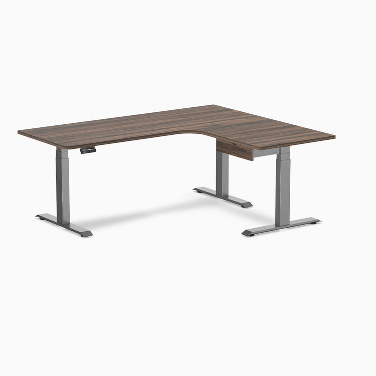 Desky L-Shape Melamine Standing Desk With Drawer, Jarrah Legno desktop, Space Grey frame