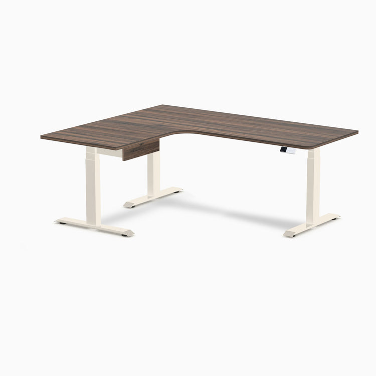 Desky L-Shape Melamine Standing Desk With Drawer, Jarrah Legno desktop, Wheat frame
