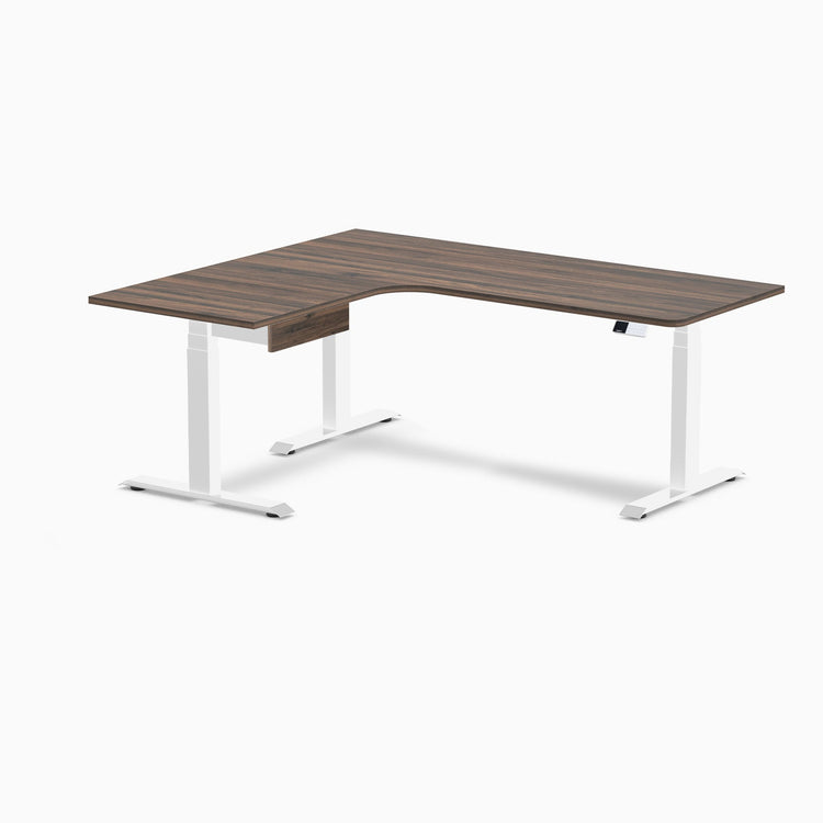 Desky L-Shape Melamine Standing Desk With Drawer, Jarrah Legno desktop, White frame