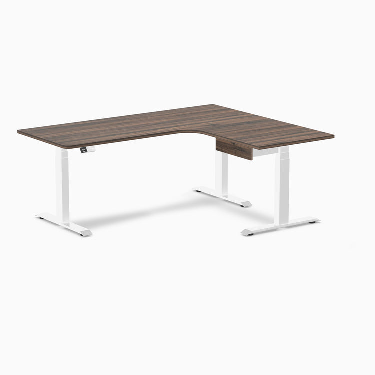 Desky L-Shape Melamine Standing Desk With Drawer, Jarrah Legno desktop, White frame