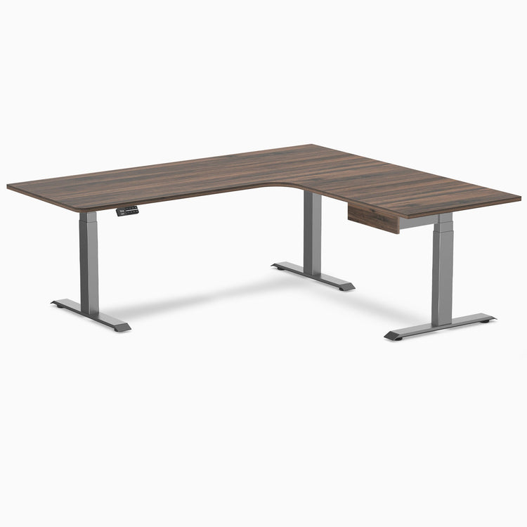 Desky L-Shape Melamine Standing Desk With Drawer, Jarrah Legno desktop, Space Grey frame