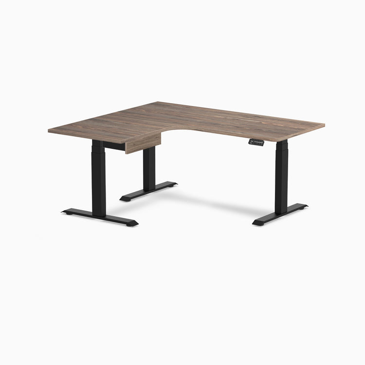 Desky L-Shape Melamine Standing Desk With Drawer, Natural Walnut desktop, Matte Black frame