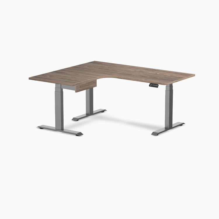 Desky L-Shape Melamine Standing Desk With Drawer, Natural Walnut desktop, Space Grey frame