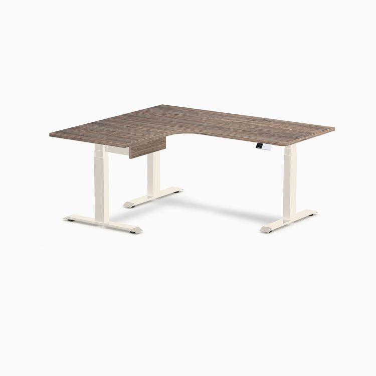 Desky L-Shape Melamine Standing Desk With Drawer, Natural Walnut desktop, Wheat frame