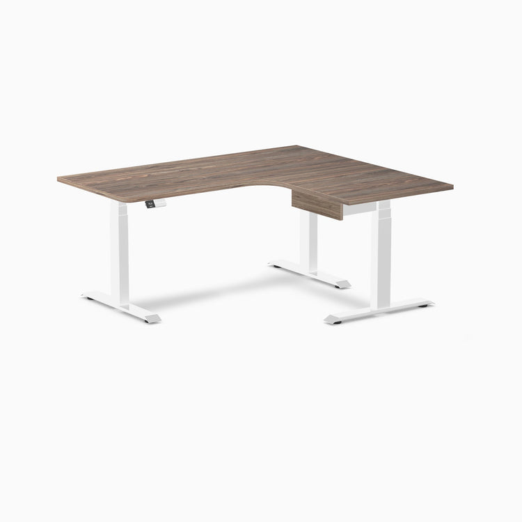 Desky L-Shape Melamine Standing Desk With Drawer, Natural Walnut desktop, White frame