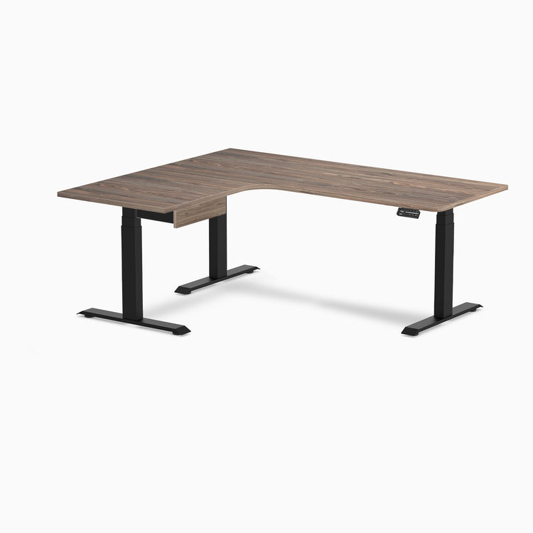 Desky L-Shape Melamine Standing Desk With Drawer, Natural Walnut desktop, Matte Black frame