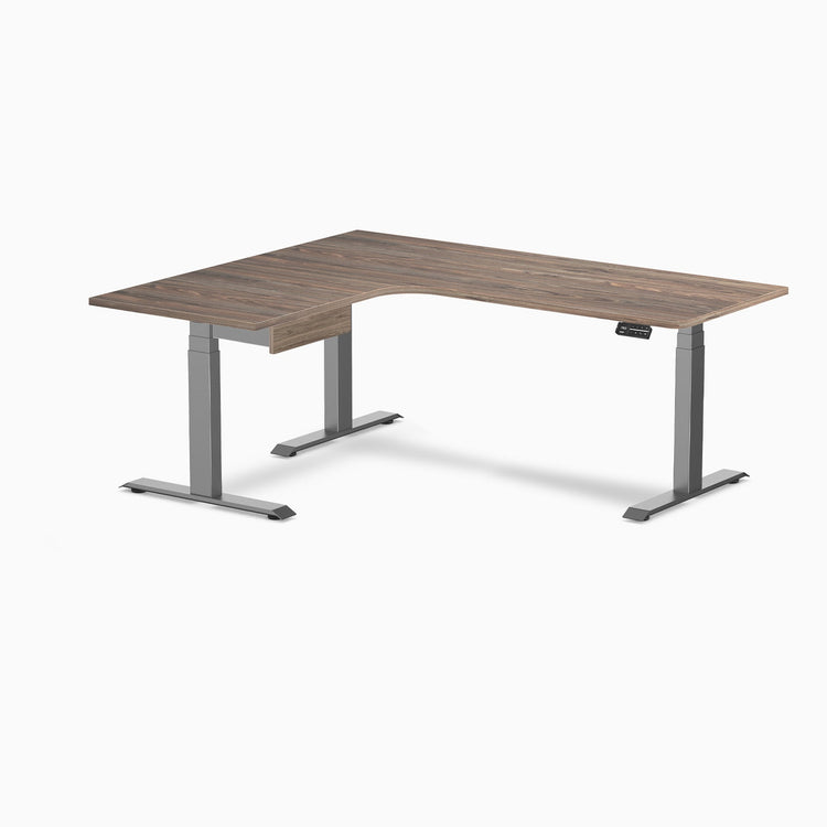 Desky L-Shape Melamine Standing Desk With Drawer, Natural Walnut desktop, Space Grey frame