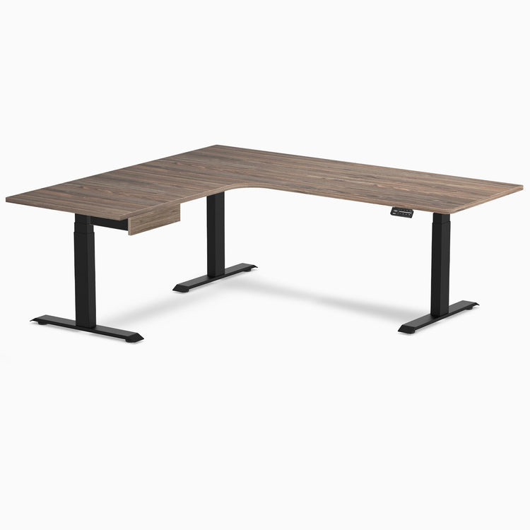 Desky L-Shape Melamine Standing Desk With Drawer, Natural Walnut desktop, Matte Black frame