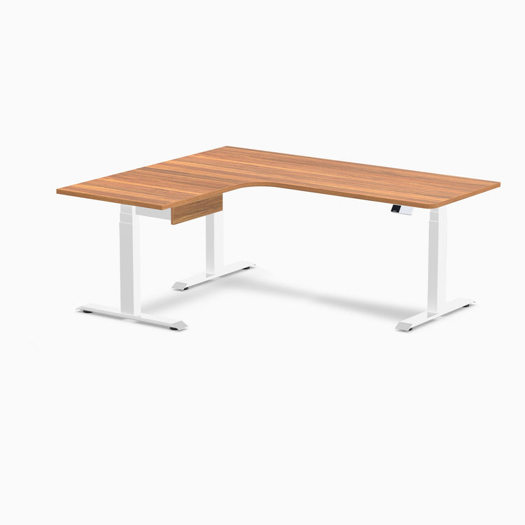 Desky L-Shape Melamine Standing Desk With Drawer, Prime Oak desktop, White frame