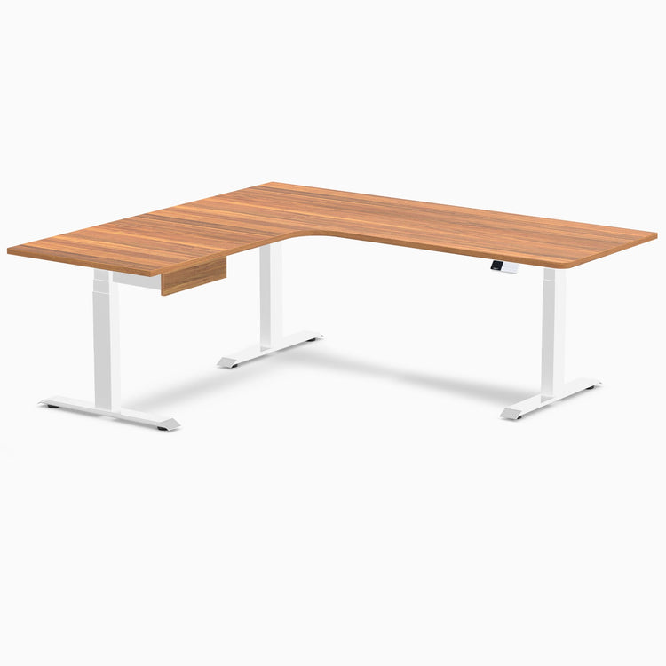 Desky L-Shape Melamine Standing Desk With Drawer, Prime Oak desktop, White frame