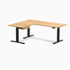 Desky L-Shape Melamine Standing Desk With Drawer, Select Beech desktop, Matte Black frame