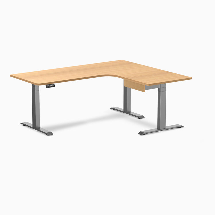 Desky L-Shape Melamine Standing Desk With Drawer, Select Beech desktop, Space Grey frame