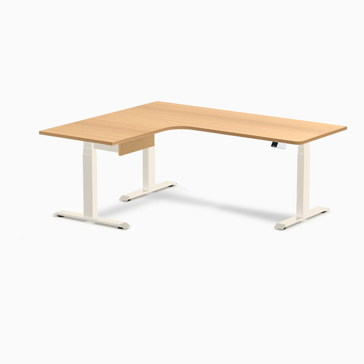 Desky L-Shape Melamine Standing Desk With Drawer, Select Beech desktop, Wheat frame