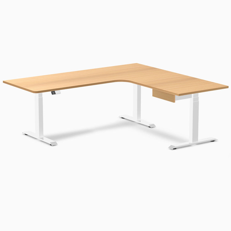 Desky L-Shape Melamine Standing Desk With Drawer, Select Beech desktop, White frame