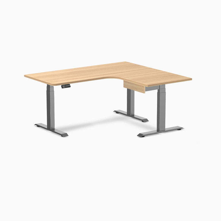 Desky L-Shape Melamine Standing Desk With Drawer, Sublime Teak desktop, Space Grey frame