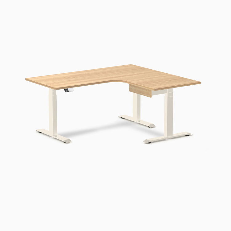 Desky L-Shape Melamine Standing Desk With Drawer, Sublime Teak desktop, Wheat frame