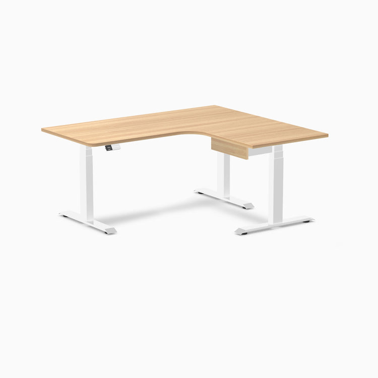 Desky L-Shape Melamine Standing Desk With Drawer, Sublime Teak desktop, White frame