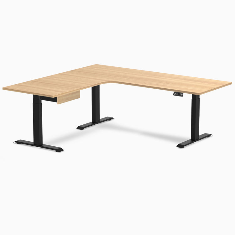 Desky L-Shape Melamine Standing Desk With Drawer, Sublime Teak desktop, Matte Black frame