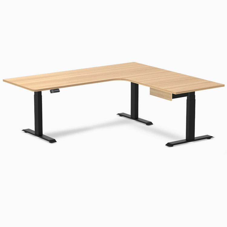 Desky L-Shape Melamine Standing Desk With Drawer, Sublime Teak desktop, Matte Black frame