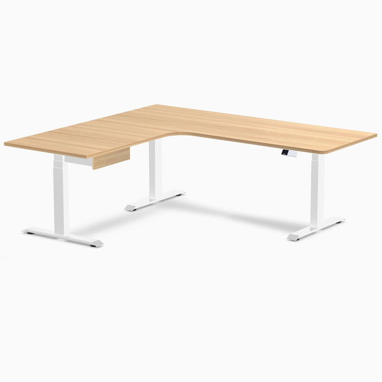Desky L-Shape Melamine Standing Desk With Drawer, Sublime Teak desktop, White frame