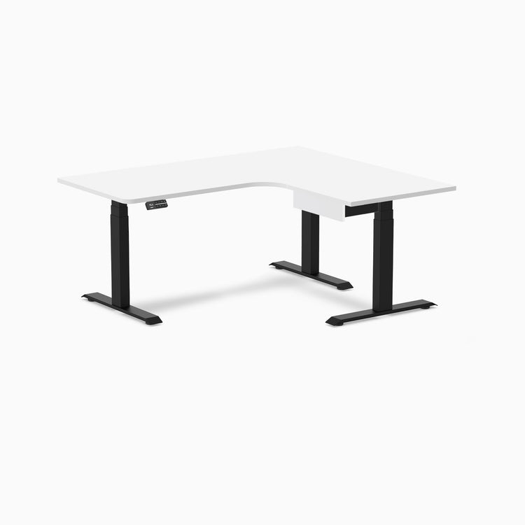 Desky L-Shape Melamine Standing Desk With Drawer, White desktop, Matte Black frame