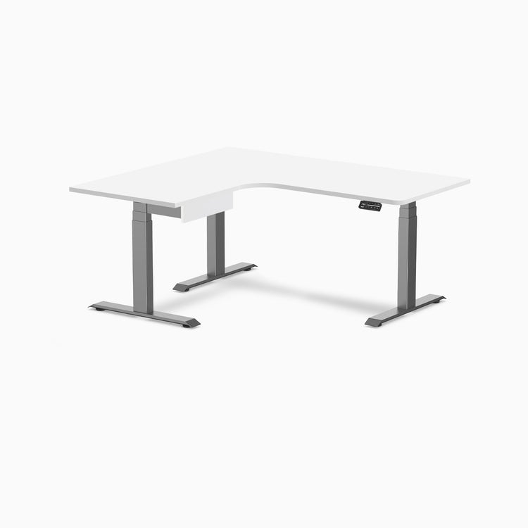 Desky L-Shape Melamine Standing Desk With Drawer, White desktop, Space Grey frame