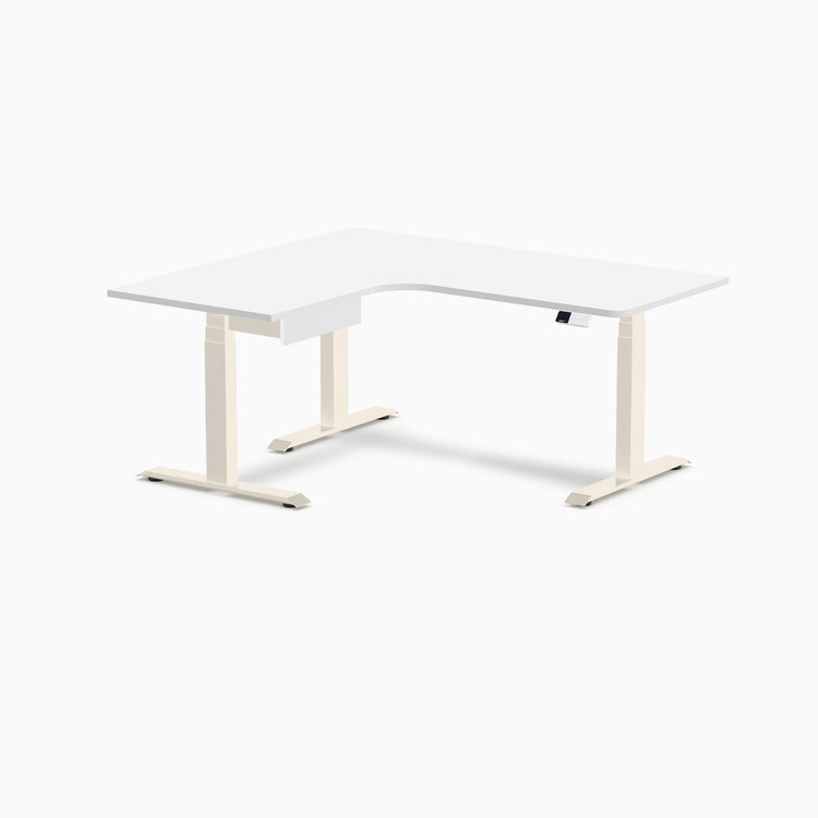 Desky L-Shape Melamine Standing Desk With Drawer, White desktop, Wheat frame