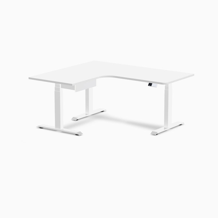 Desky L-Shape Melamine Standing Desk With Drawer, White desktop, White frame