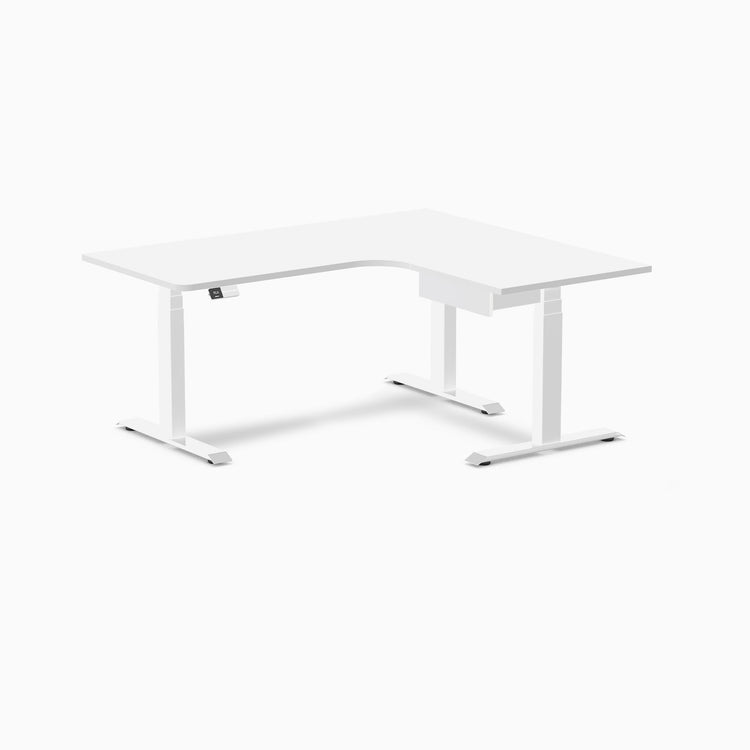 Desky L-Shape Melamine Standing Desk With Drawer, White desktop, White frame