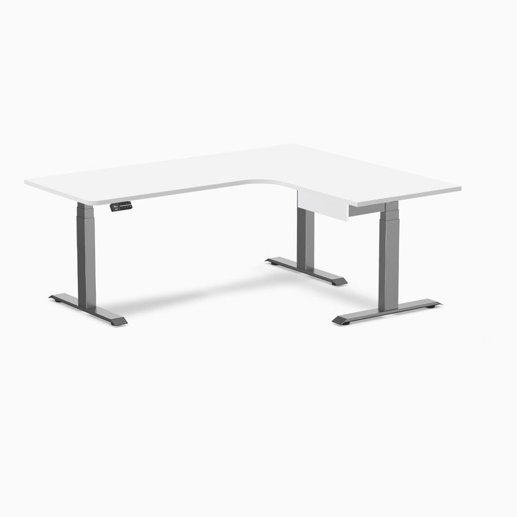 Desky L-Shape Melamine Standing Desk With Drawer, White desktop, Space Grey frame