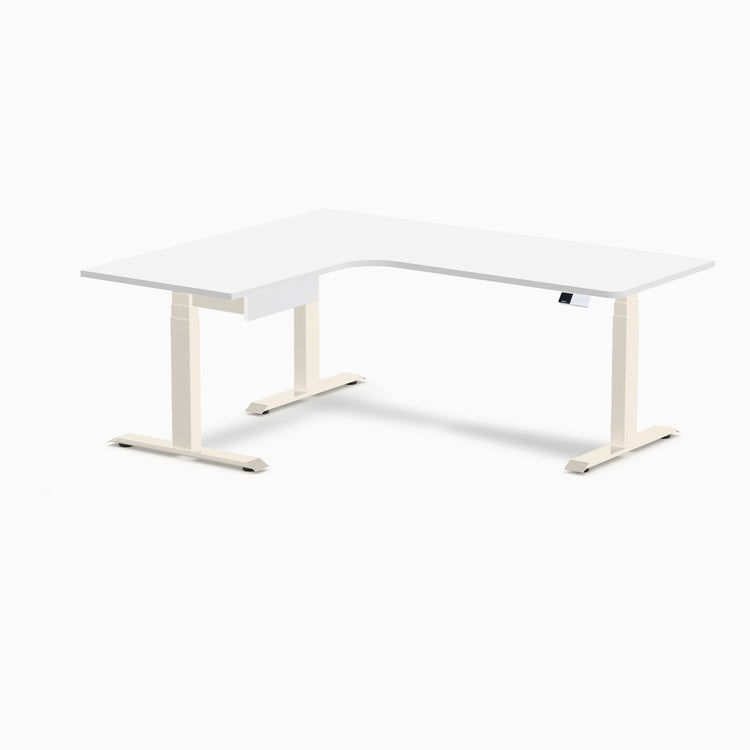 Desky L-Shape Melamine Standing Desk With Drawer, White desktop, Wheat frame