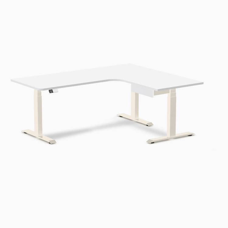 Desky L-Shape Melamine Standing Desk With Drawer, White desktop, Wheat frame