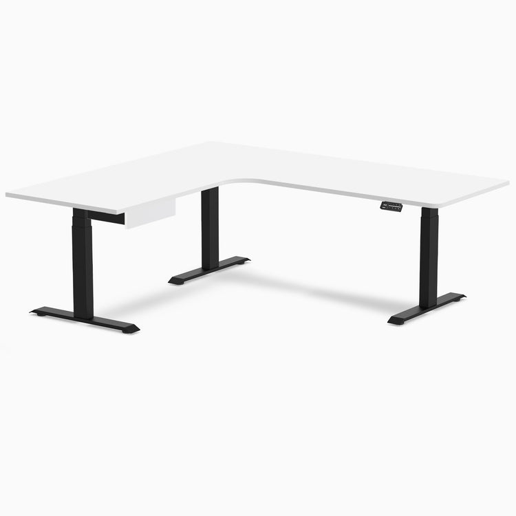 Desky L-Shape Melamine Standing Desk With Drawer, White desktop, Matte Black frame