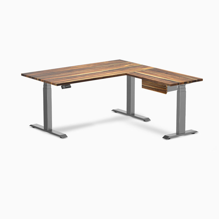 Desky Hardwood L-Shape Standing Desk With Drawer, Pheasantwood desktop, Space Grey frame