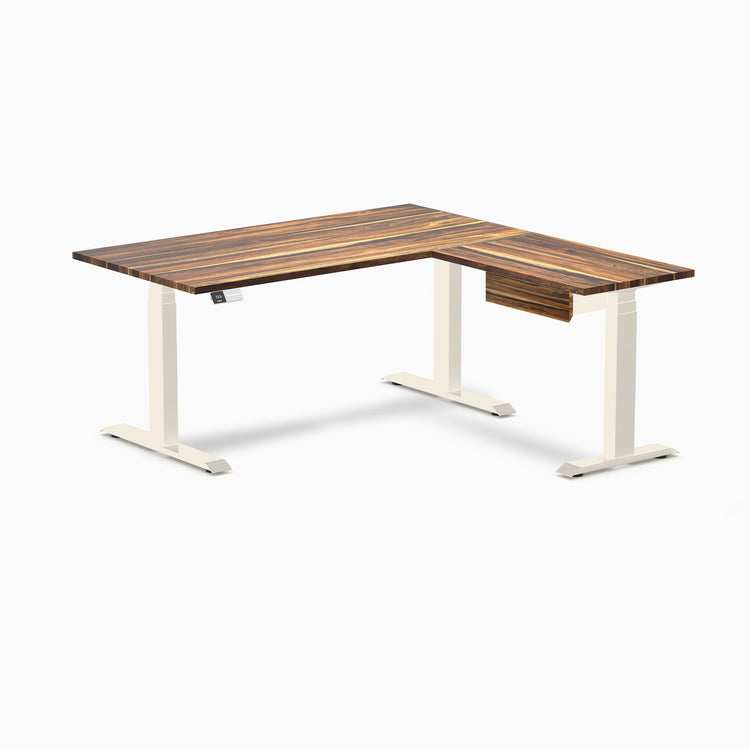 Desky Hardwood L-Shape Standing Desk With Drawer, Pheasantwood desktop, Wheat frame