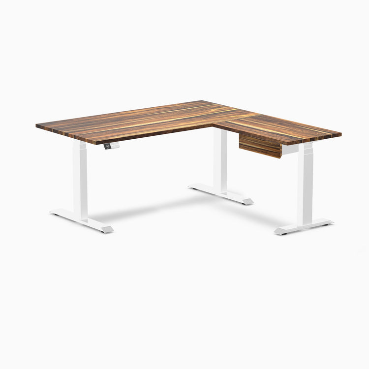 Desky Hardwood L-Shape Standing Desk With Drawer, Pheasantwood desktop, White frame