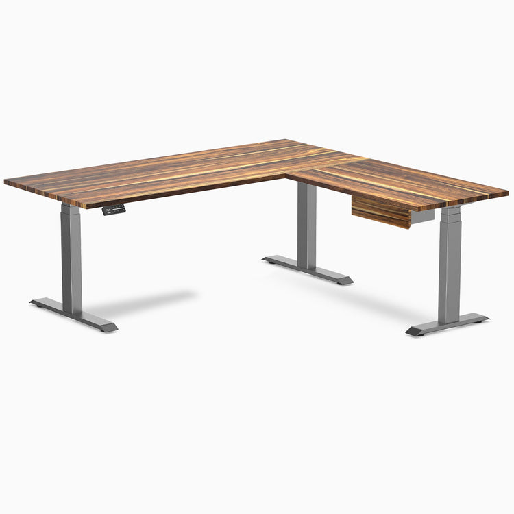 Desky Hardwood L-Shape Standing Desk With Drawer, Pheasantwood desktop, Space Grey frame