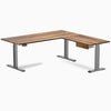 Desky Hardwood L-Shape Standing Desk With Drawer, Pheasantwood desktop, Space Grey frame