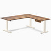 Desky Hardwood L-Shape Standing Desk With Drawer, Pheasantwood desktop, Wheat frame