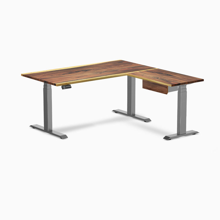 Desky Hardwood L-Shape Standing Desk With Drawer, Saman desktop, Space Grey frame