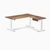 Desky Hardwood L-Shape Standing Desk With Drawer, Saman desktop, White frame