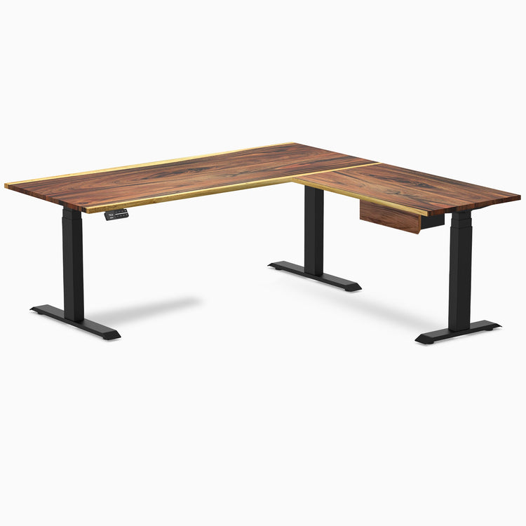 Desky Hardwood L-Shape Standing Desk With Drawer, Saman desktop, Matte Black frame