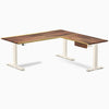 Desky Hardwood L-Shape Standing Desk With Drawer, Saman desktop, Wheat frame