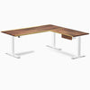 Desky Hardwood L-Shape Standing Desk With Drawer, Saman desktop, White frame
