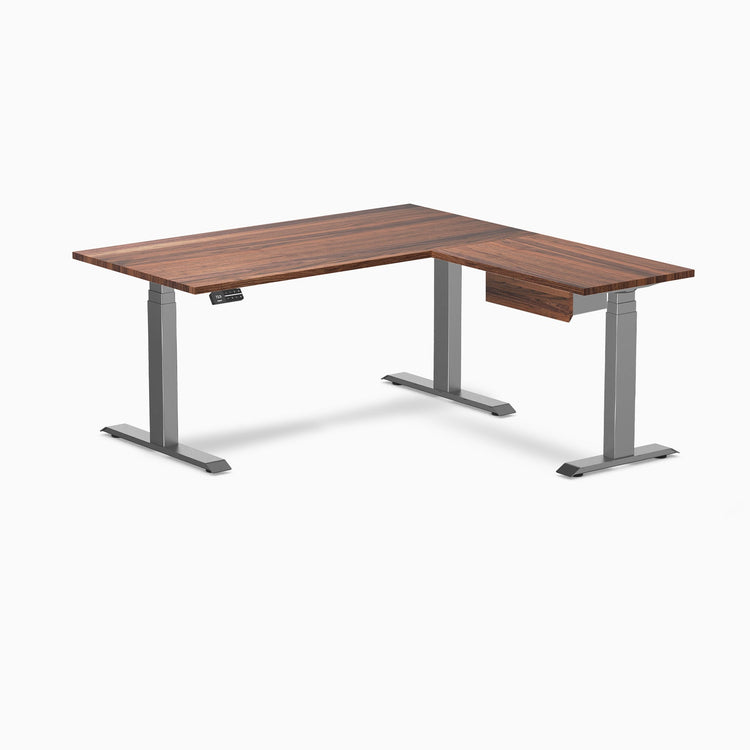 Desky Hardwood L-Shape Standing Desk With Drawer, Walnut desktop, Space Grey frame