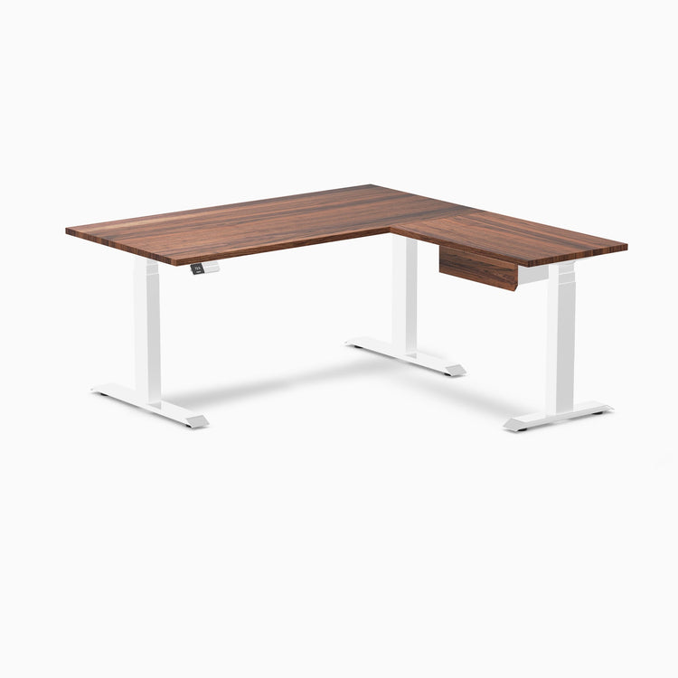 Desky Hardwood L-Shape Standing Desk With Drawer, Walnut desktop, White frame