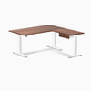 Desky Hardwood L-Shape Standing Desk With Drawer, Walnut desktop, White frame
