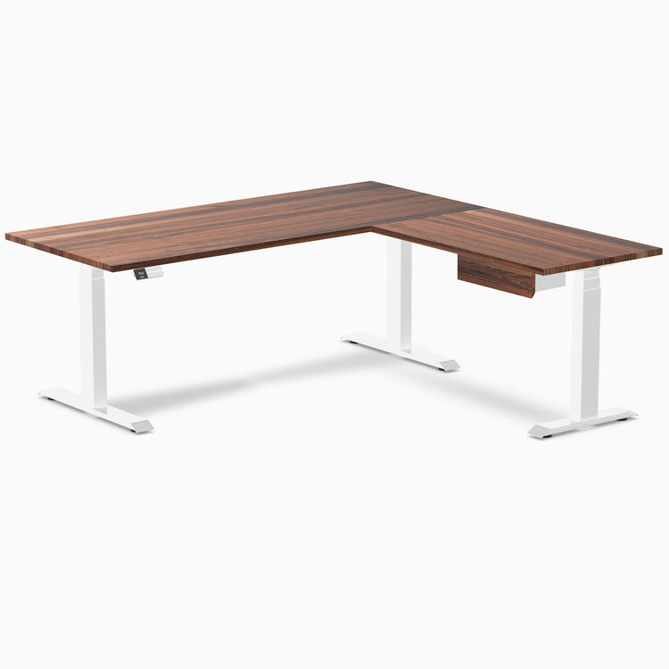 Desky Hardwood L-Shape Standing Desk With Drawer, Walnut desktop, White frame